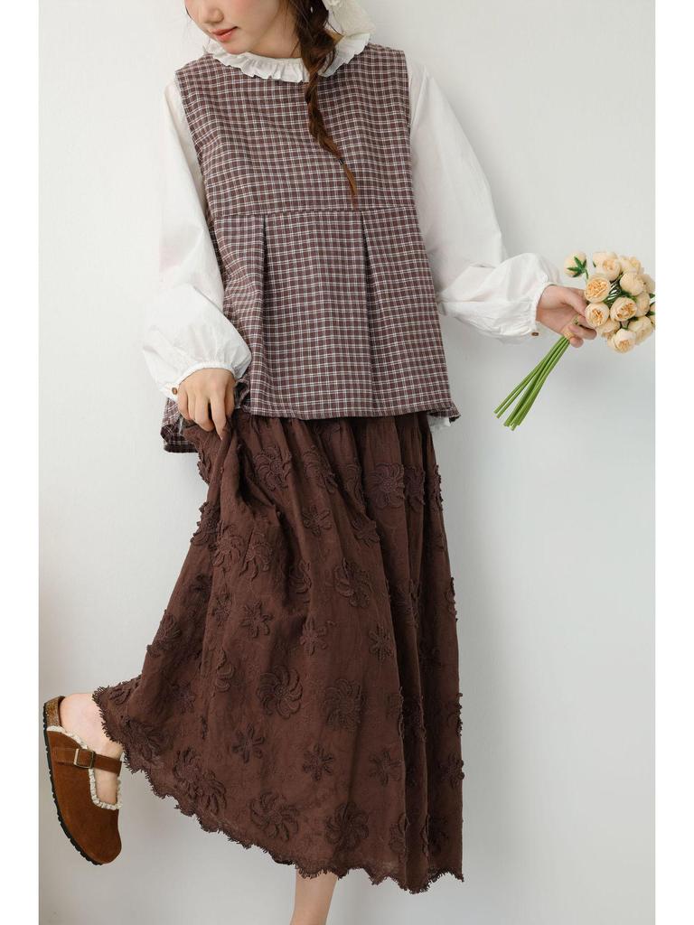 Saia Midi Bordada com Flores 3D Estilo Mori Girl com Forro – Casual & Versátil