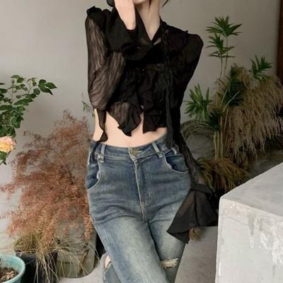 Gothic Frauen Spitze Blusen Grunge Y2k Crop Top Weibliche Shirts Elegante Schwarz Transparent Strickjacke Koreanische Streetwear