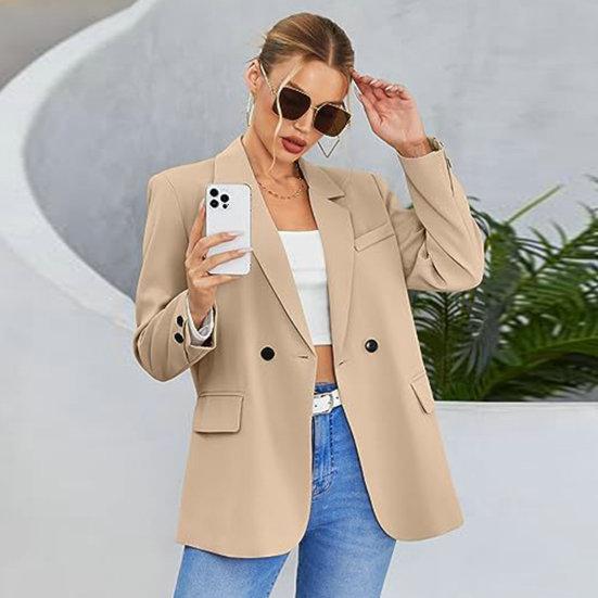Frauen Herbst Frühling Anzug Mantel Formal Business Stil Knopfverschluss Strickjacke Einfarbig Plus Größe Lose Revers Langarm Taschen OL Pendler Jacke