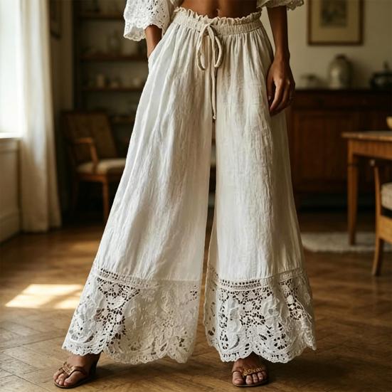 Yousheng Women Pants, Drawstring Adjustable Waistband High Waist Summer Pants, Pure Color Loose Fit Long Trousers with Lace Splicing