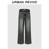 UR 2026 Spring Trendy Washed Cat-Whisker Belted Wide-Leg Denim Jeans