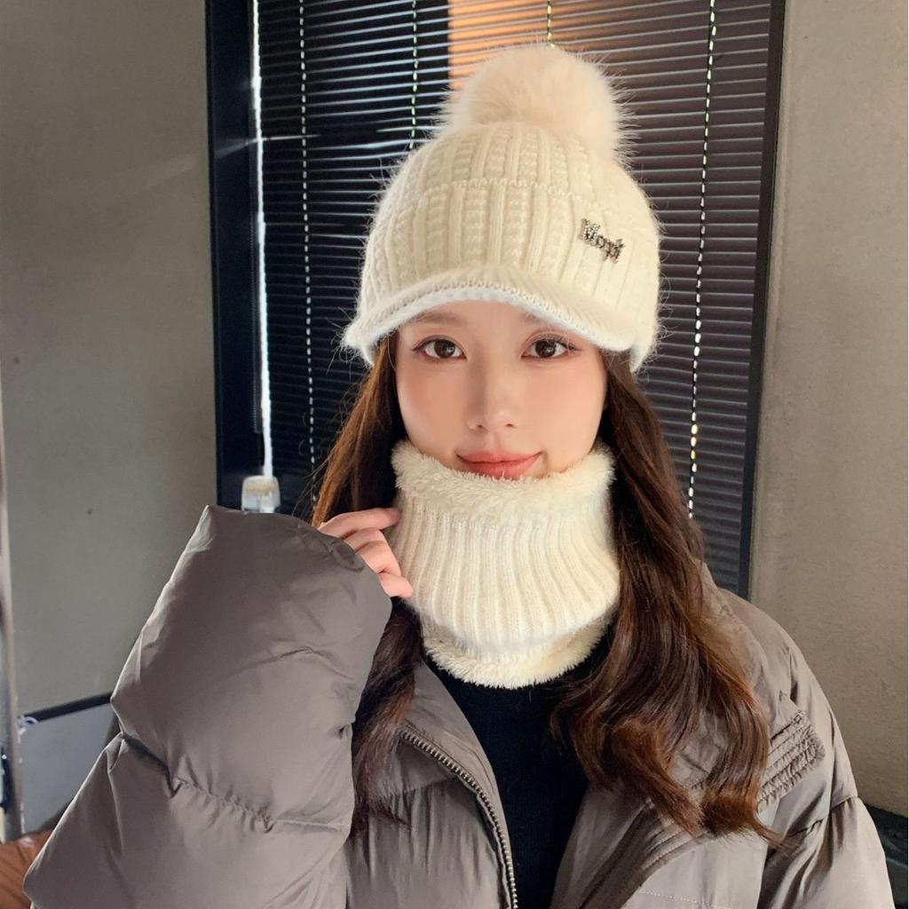 Wool Hat Women's Hat Women's Autumn and Winter Knitted Hat Winter Warm Velvet Thickened Ear Protection Scarf