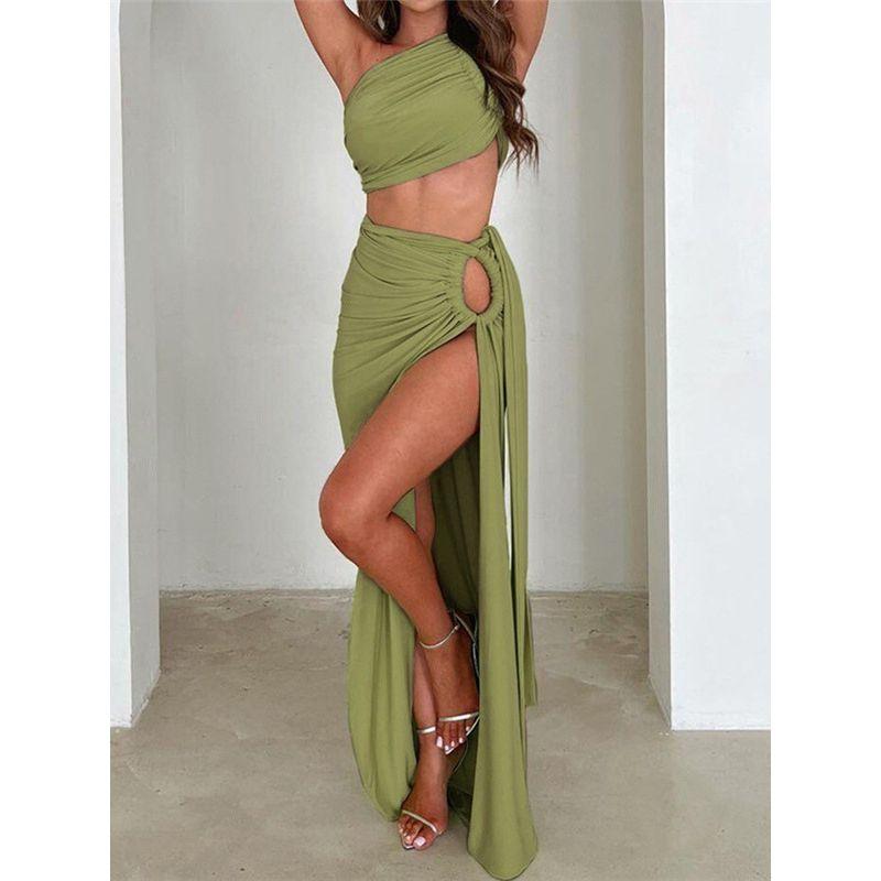 Fashion Style Ins Sexy Oblique Shoulder Evening Dress Backless Seaside Dress Sexy Cutout Split Skirt Suit