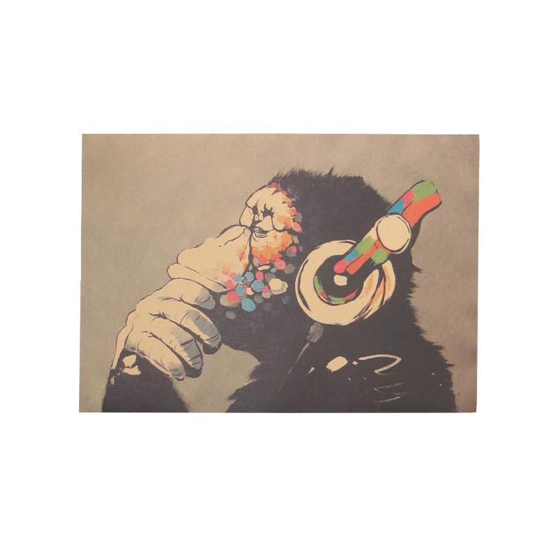 

Wearing Headphones Gorilla Adornment Bar Counter Funny Retro Kraft Paper Wall Stickers 1pc