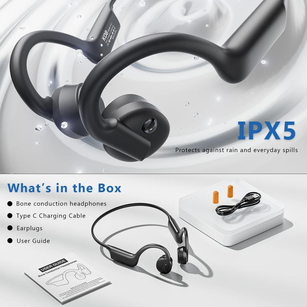 Bluetooth Bone Conduction Open Ear Headphones, 2025 New Bluetooth 5.3 Wireless Sports Earbuds with Mic, 12HRS Playtime IPX5 Waterproof Earphones for