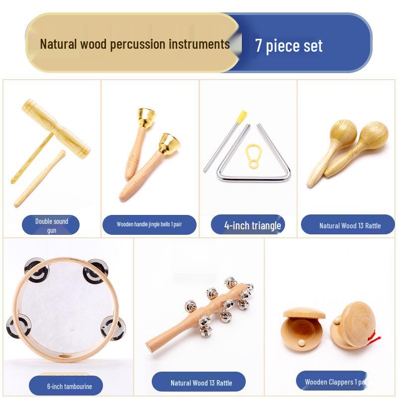 Orff Percussion Set: Claves, Castanets, Sand Shakers, Egg Shakers, Wrist Bells, Tambourine, Triangle, and Wood Block.