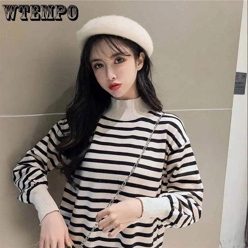 Rolák Pletené šaty Pruhované Dámské Svetr Dlouhý rukáv Volný Rozdělený Spodní Šaty Dojíždění Harajuku Podzim Zima