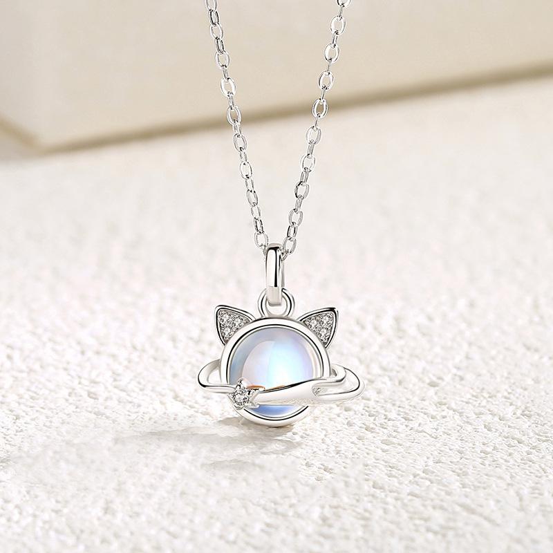 Flash Diamond Planet Collarbone Chain Student Temperament Colorful Moonstone Cat Pendant Necklace Exquisite Gift