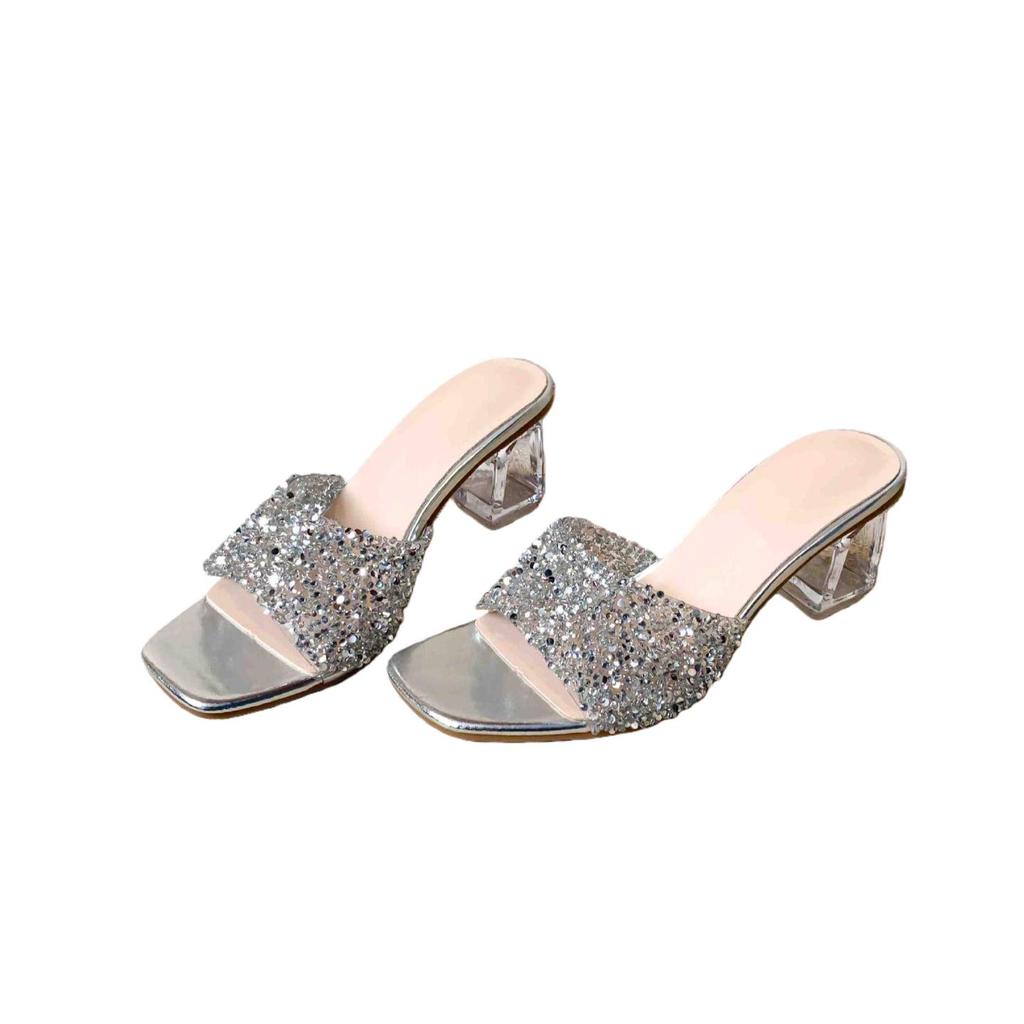 Plus Size One-Strap Rhinestone Chunky Heel Peep-Toe Sandals for Women
