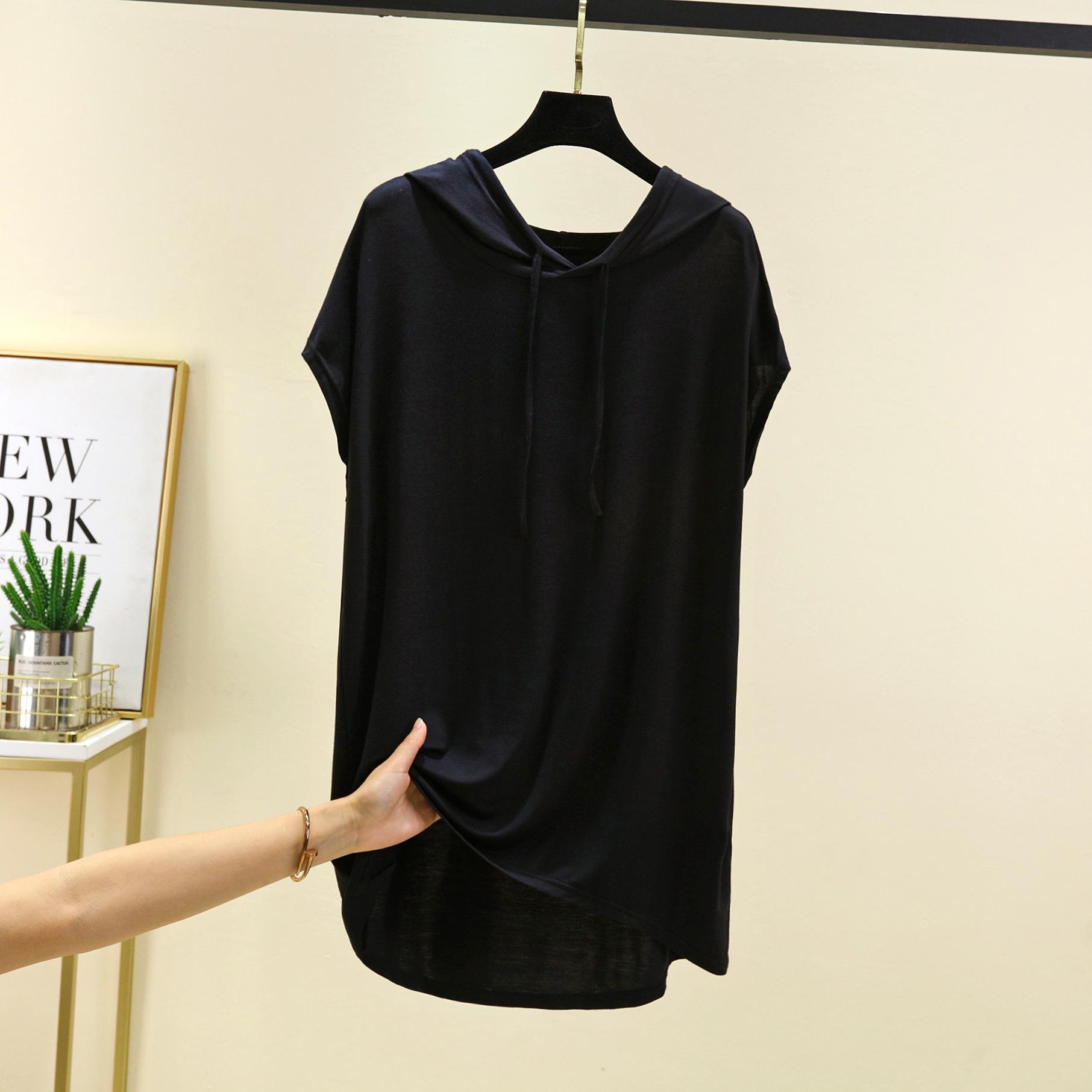 

Женская футболка с капюшоном из модала с коротким рукавом для защиты от солнца - Весна/Лето, Большой размер, Слим-фит, Повседневный свободный крой XXL чёрный