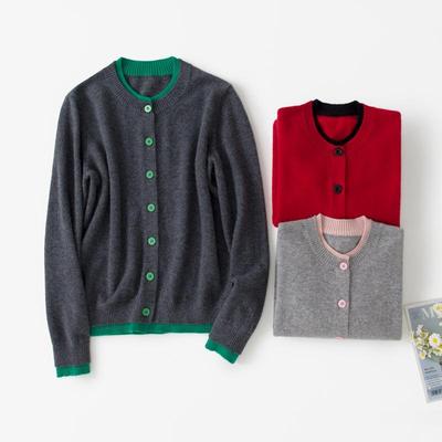 100% Pure Cashmere Colorblock Round Neck Cardigan - French Style Two-Piece Design for Women, Perfect for Spring and Autumn.