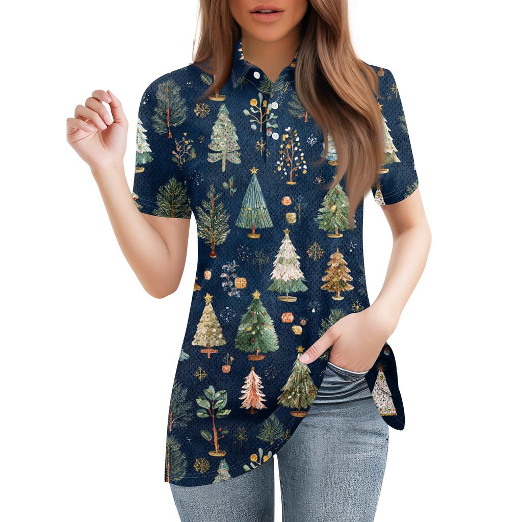 Camisa con estampado de manga corta y solapa informal a la moda para mujer Tops con botones para mujer