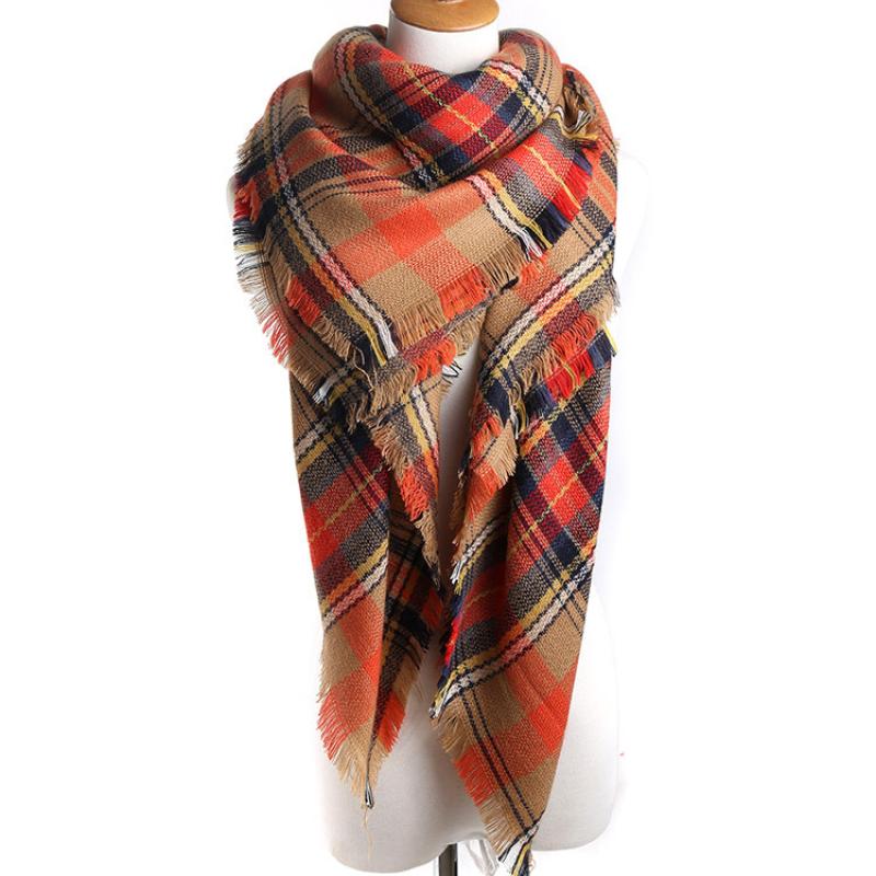 Autumn/Winter Striped Orange Checked Color Checked Soft Scarf, Large Square Shawl, Ladies