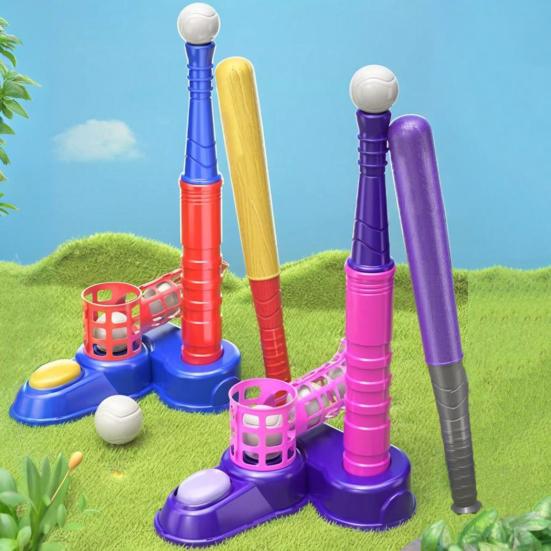 T-Ball Set for Kids Ball Launcher T Ball Stand Baseball Bat And 6 Baseballs Set Toddlers Outdoor Toys for Boys Girls