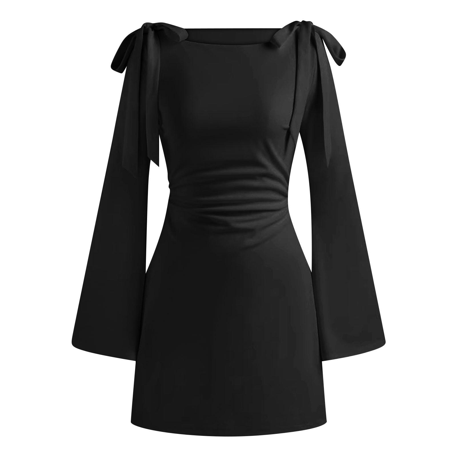 

Женские повседневные платья весна-лето с круглым вырезом, однотонные платья с длинным рукавом L чёрный