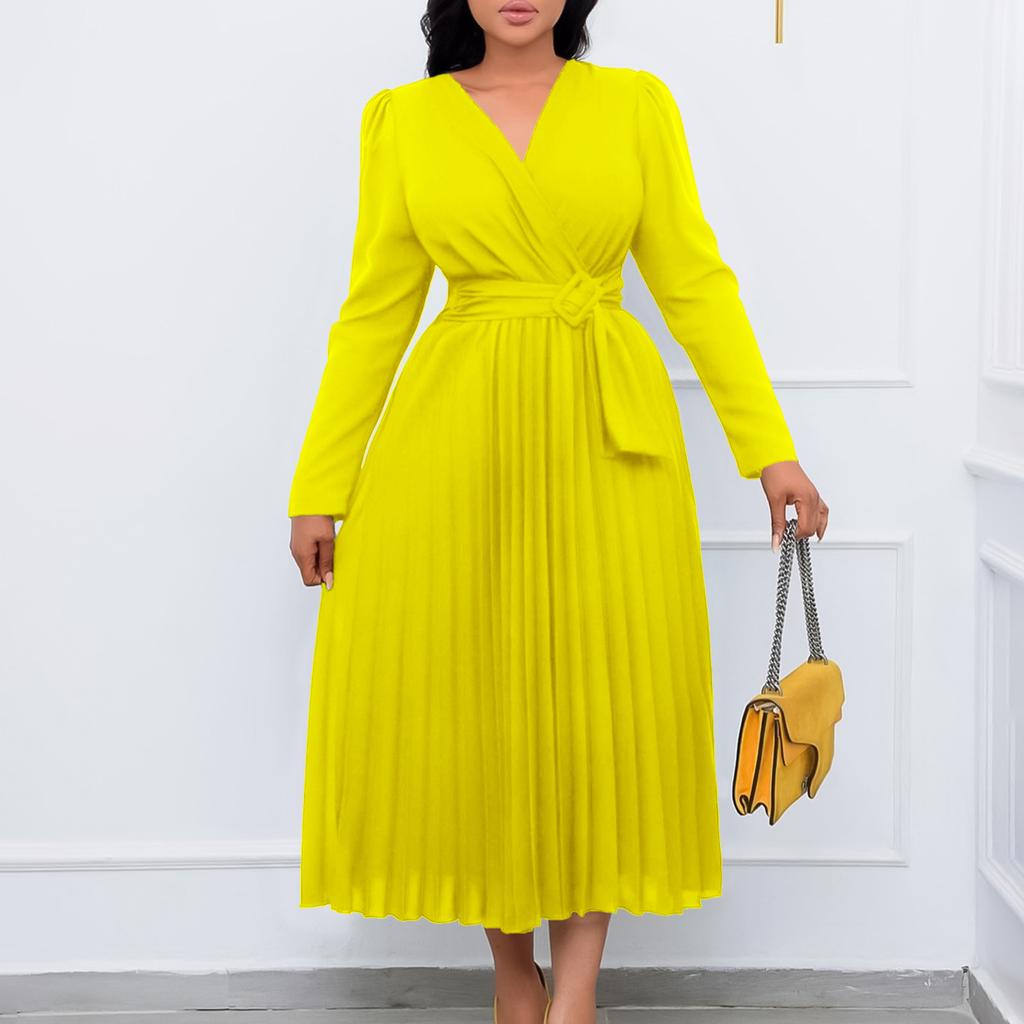 Large Size Women Fashion Solid V Neck Long Sleeves Dress Ladies Elegant One Piece Lace Up Slim Pleated Dress