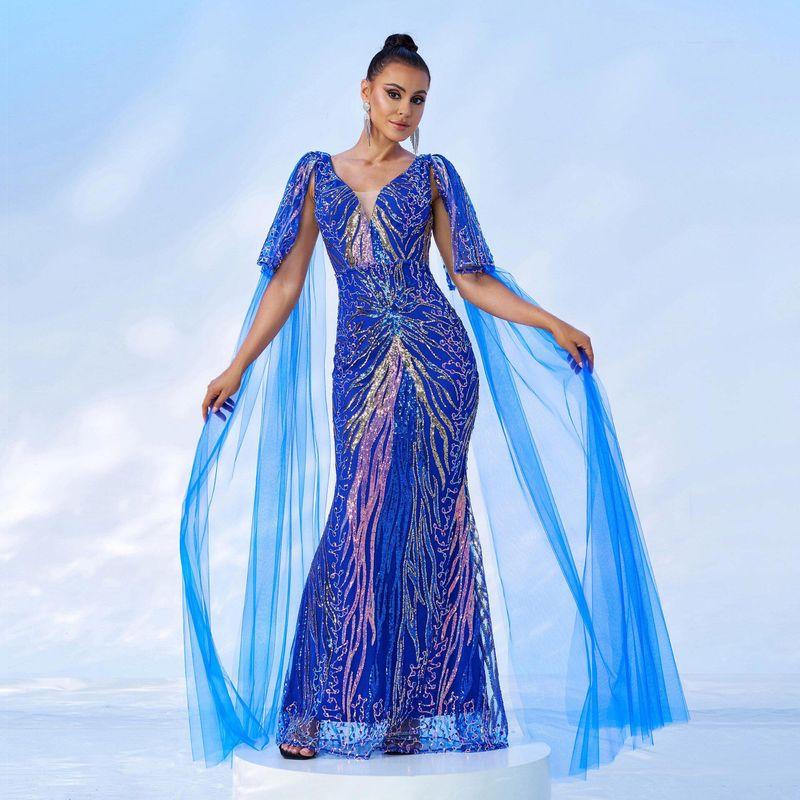 

European and American High-End Long-Sleeve V-Neck Long Sequin Online Evening Gown Bridesmaid Dress Fairy Dress Blue S