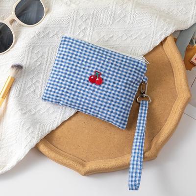 New Cherry Makeup Bag Plaid Canvas Cosmetic Lipstick Storage Bag Large Capacity Portable Coin Purse