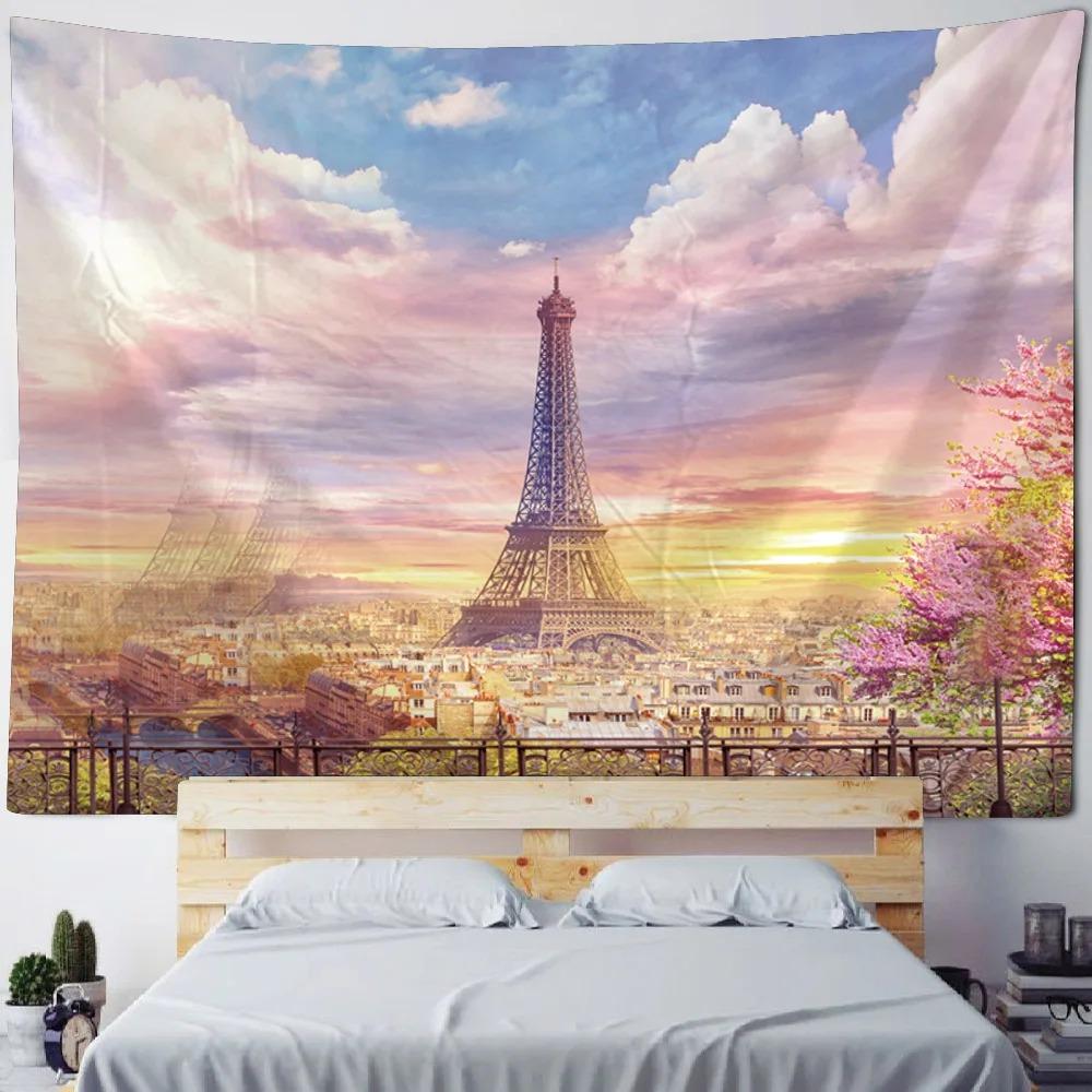 Retro Oil Painting Eiffel Tower Pattern Tapestry Office Living Room Tapestry Home Wall Decoration Tapestry