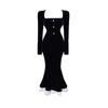 Vintage Velvet Black Bodycon Dress Women Retro Lace Wrap Evening Elegant Party Dresses Slim  Fashion Spring
