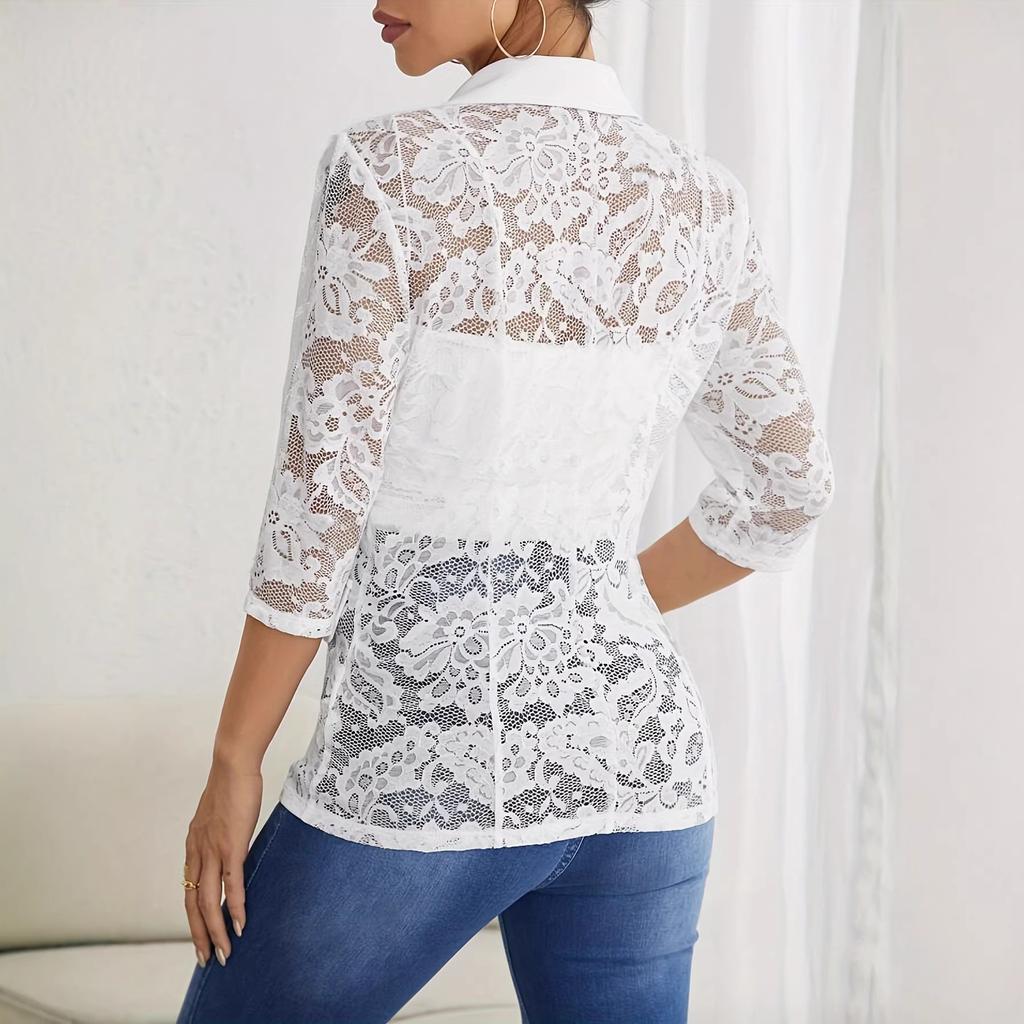 Damen Weißer Spitzenbesetzter Blazer Lässige Reversjacke
