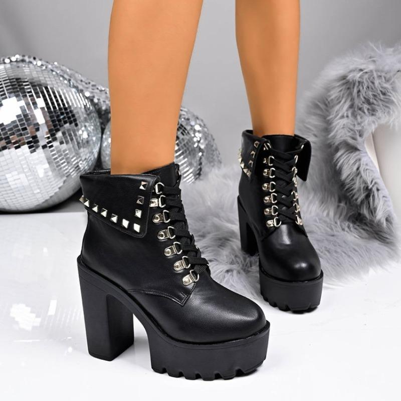 Women's Chain Decor Block Heeled Boots Fashion Lace Up Side Zipper Platform Boots Stylish Ankle Boots High Heels