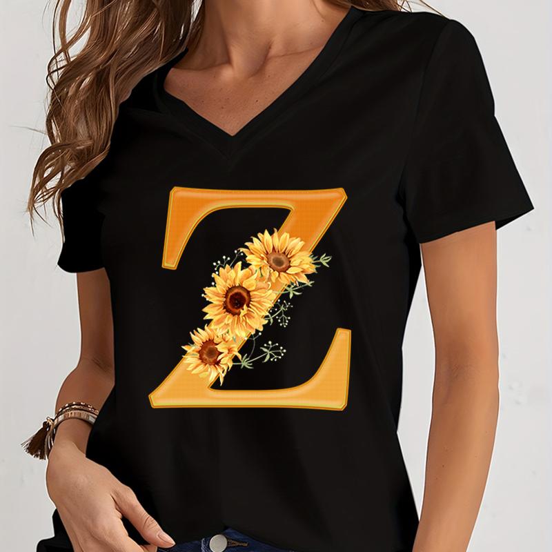 Unisexs Vneck Graphic Shirts Orange Az Alphabet Sunflowers Short Sleeves Harajuku Fashion Girl Casual Y2k Trend Tshirts Top