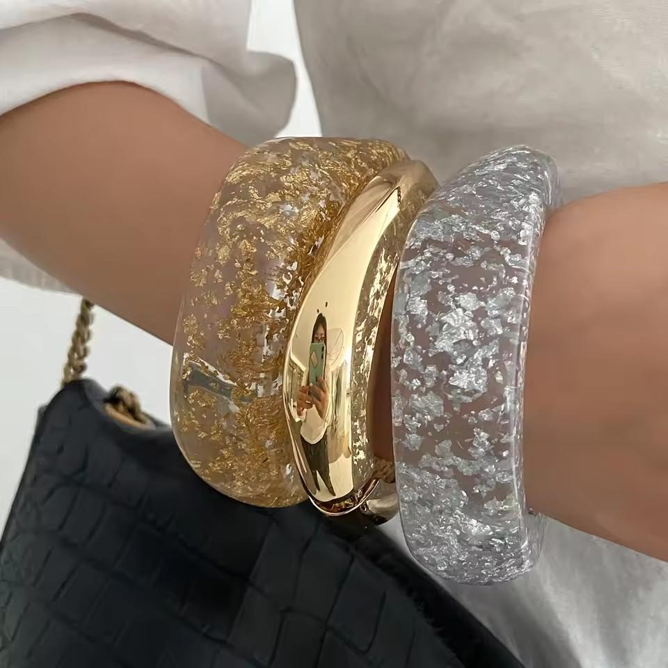 3pcs Amber Gold Color Acrylic Square Round Cuff Bracelets Bangle for Women Punk Resin Irregular Geometric Stack Jewelry Set Gift