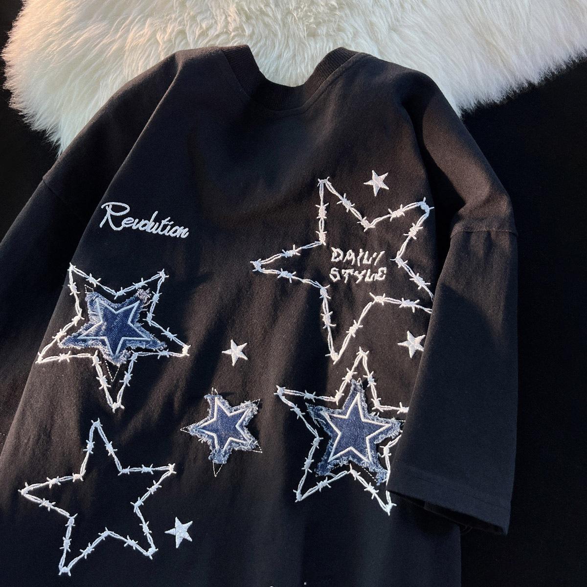 

«Хлопковая футболка унисекс в американском стиле с вышитыми звездами — модная, свободная, с коротким рукавом для лета» XL