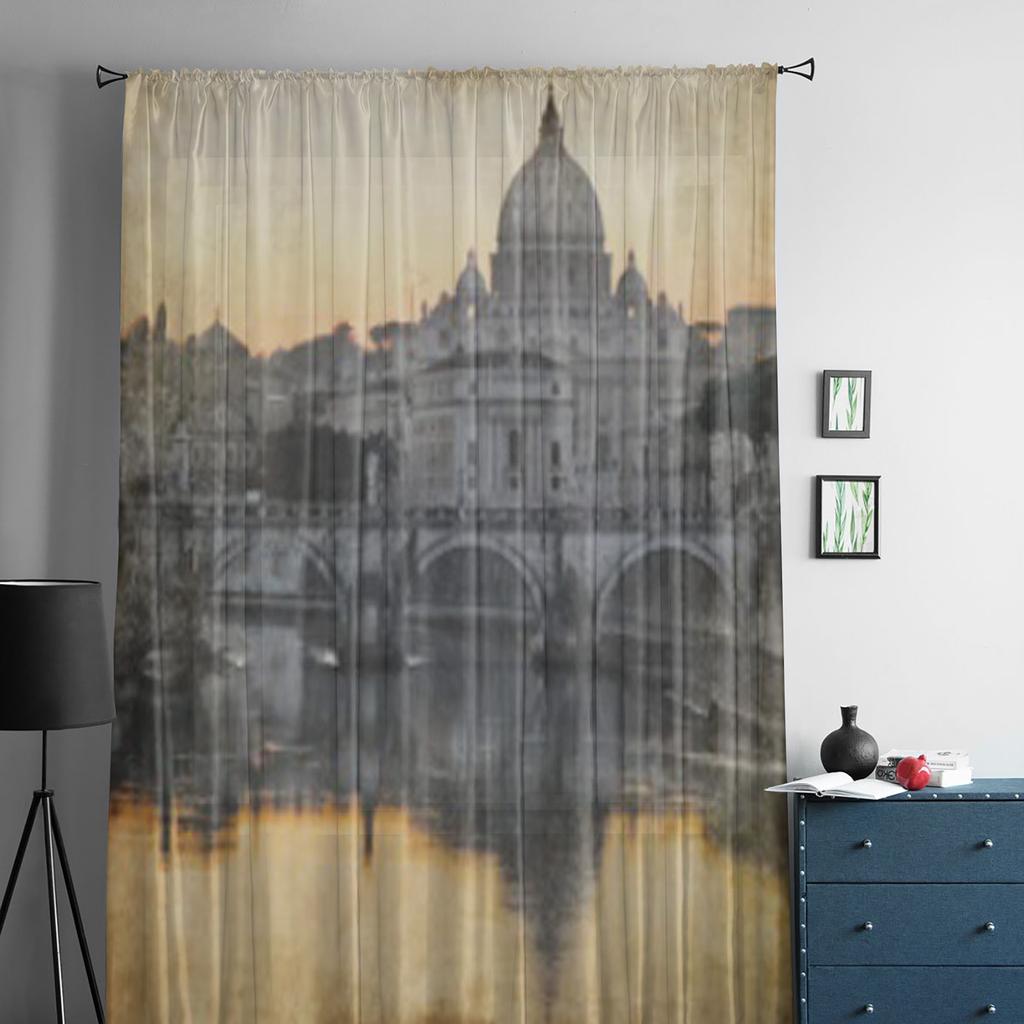 San Pietro Basilica Rome Retro Styled Chiffon Sheer Curtains for Living Room Bedroom Window Curtain Voiles Tulle Cortinas