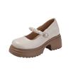 One Word with Round Head Small Leather Shoes Women's Single Shoes Mary Pearl Thick Heel Inner Height Increase 8CM Shallow Mouth Small Single Shoes