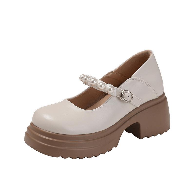 One word with round head small leather shoes women's single shoes Mary pearl thick heel inner height increase 8CM shallow mouth small single shoes