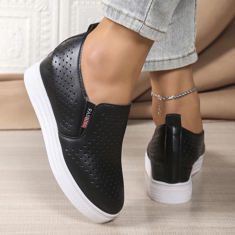 Pantofi sport cu platformă albă și talpă groasă, cu platformă ascunsă, pentru femei, culoare solidă, respirabil, casual, sport, confortabil, alunecare pe pantofi sport cu platformă albă
