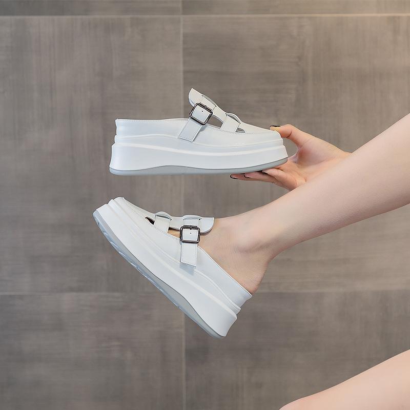 Fashion 7.5CM Patent Genuine Leather Platform Summer Hollow Weaving Breathable Pumps 2025 Spring Chunky Heels Mary Jane Slipper Shoes