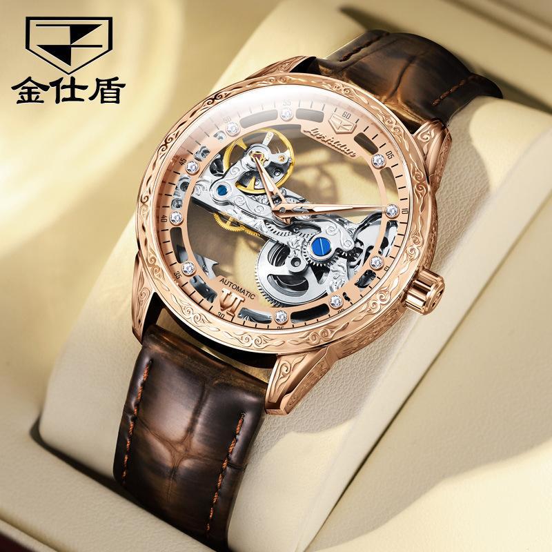JINSHIDUN New Business and Leisure Men's Watch Fully Automatic Mechanical Watch Perspective Hollow Dial High-end Watch