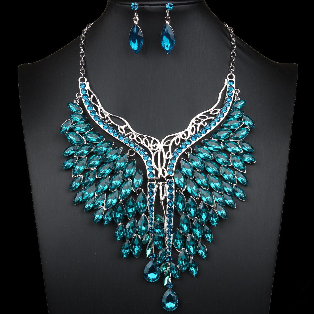 

Преувеличенный набор колье и серег с полным бриллиантом, женский, для платья, банкетный, модные аксессуары морская волна