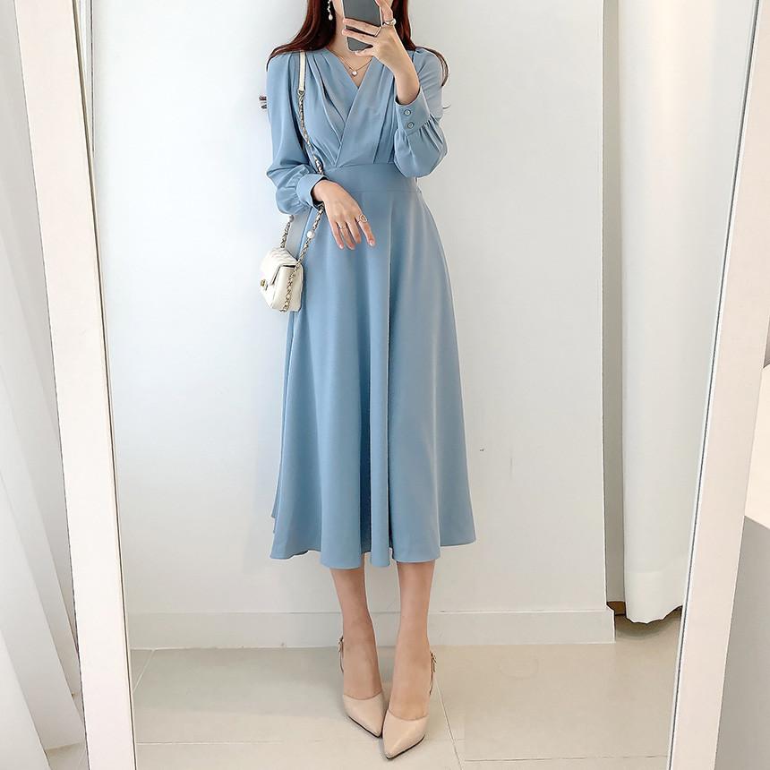 Harajuku V-neck Puff Sleeve A-line Maxi Dresses for Woman Women Solid Color Midi Robe Korean Office Dresses Elegant Spring 2023