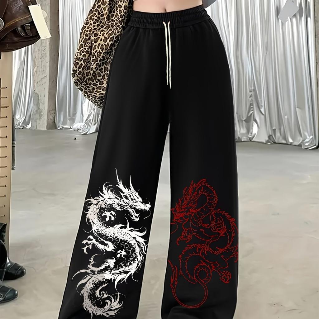 Black White and Red Double Dragon dark Printed Casual Pants for High Street Loose and Personalized Pants