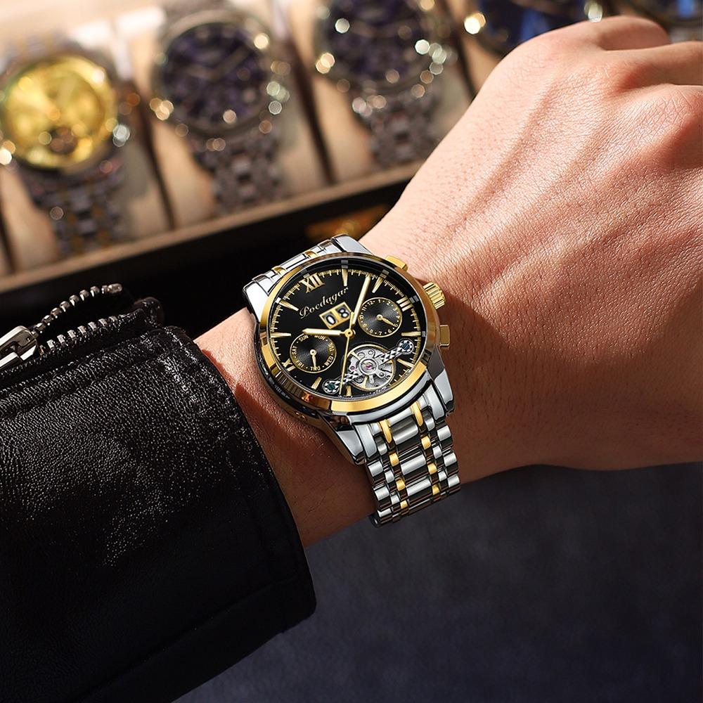 POEDAGAR Automatic Mechanical Watch Men Tourbillon Skeleton Wristwatch Calendar Week Display Leather Strap