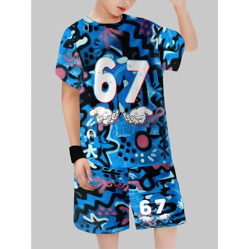 Boys' Shorts Set: Trendy Graffiti Style Two-Piece Set - Printed T-Shirt and Shorts, Hip-Hop Personality Style, Comfortable Summer Kids' Outfit