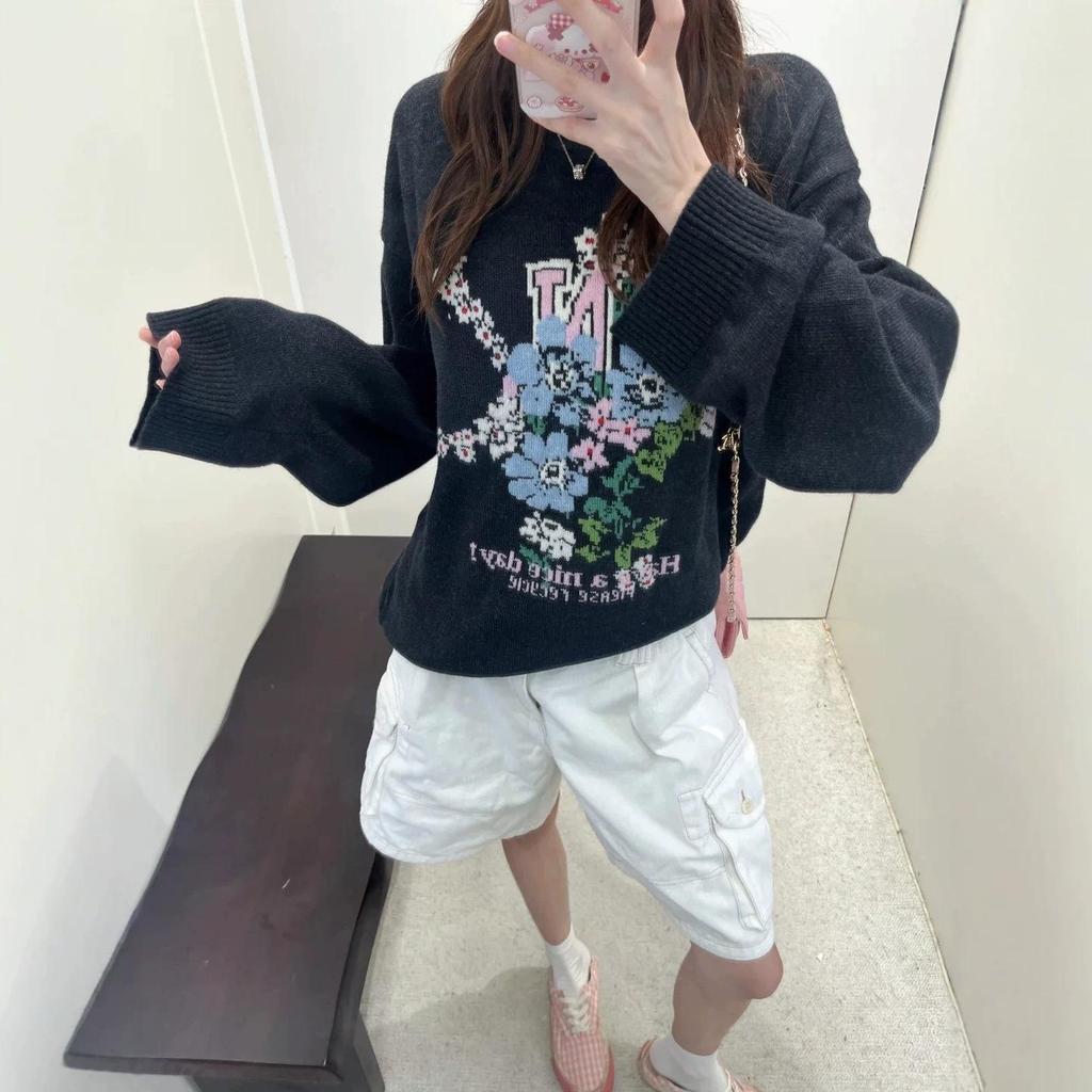 Wool Blend Floral Letter Pattern Round Neck Loose Sweater
