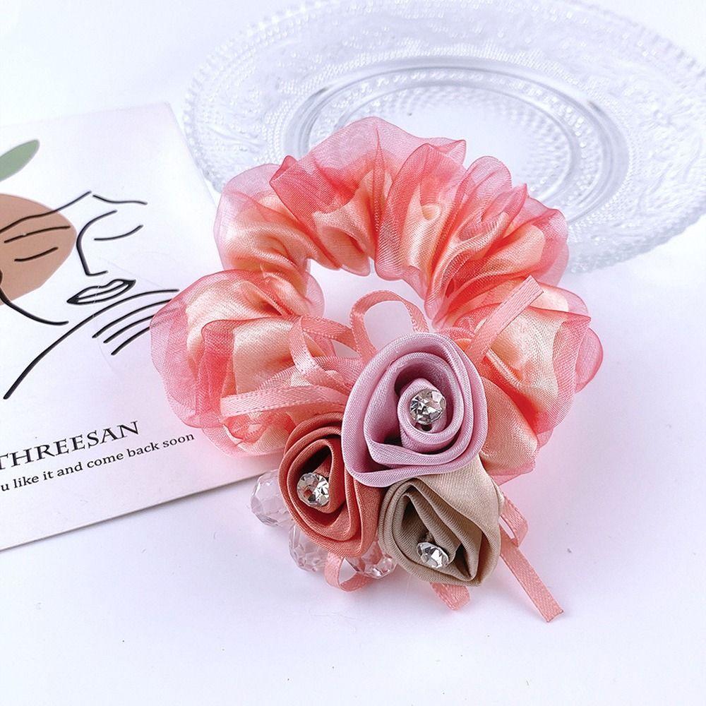 Headwear Beaded Hair Bands Flower Mesh Scrunchies Women Hair Ties Hair Rubber Bands Double Layer