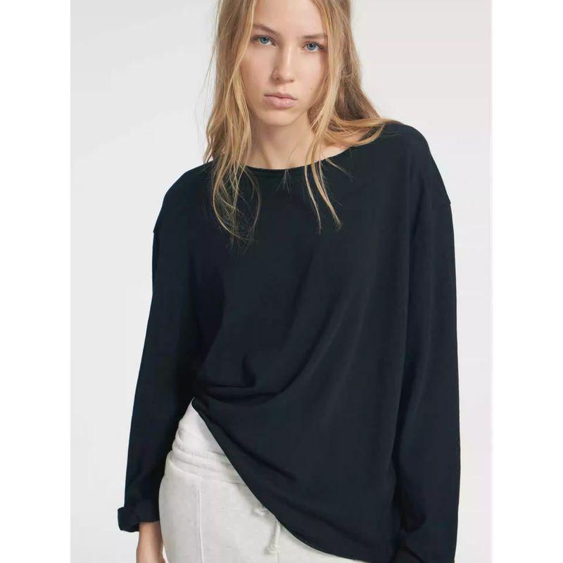 

Ru L XS-XL Size Lightweight Breathable Cotton Linen Loose Slim Looking Frayed round Neck Long Sleeves T-shirt Sun Protective Blouse Black XS