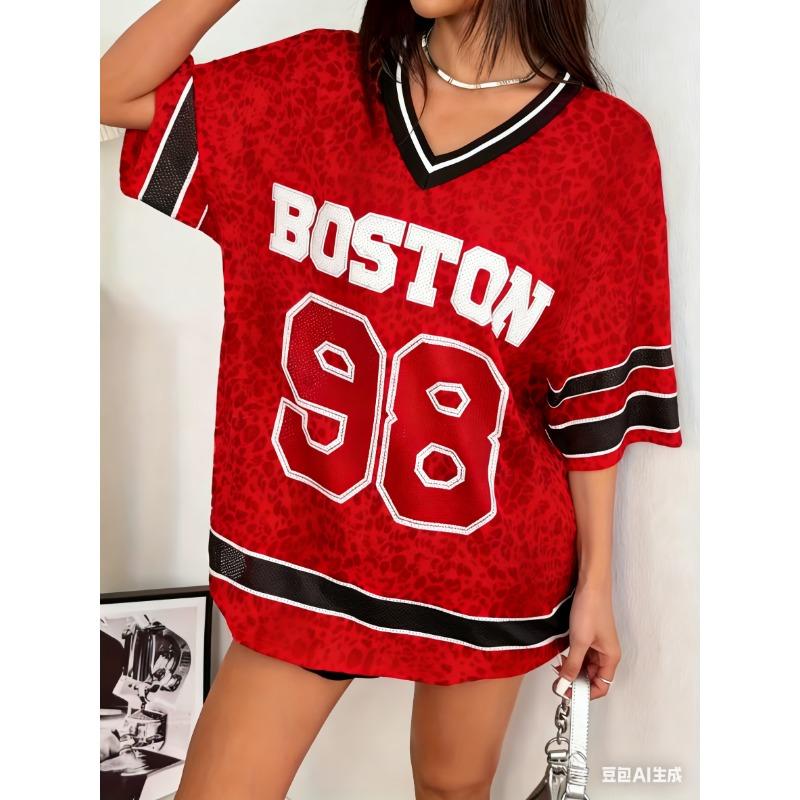 2026 Summer Women BOSTON NO.98 Print Lightweight Breathable Comfortable V-Neck Short Sleeved Baseball T-Shirt Women Jersey Tees