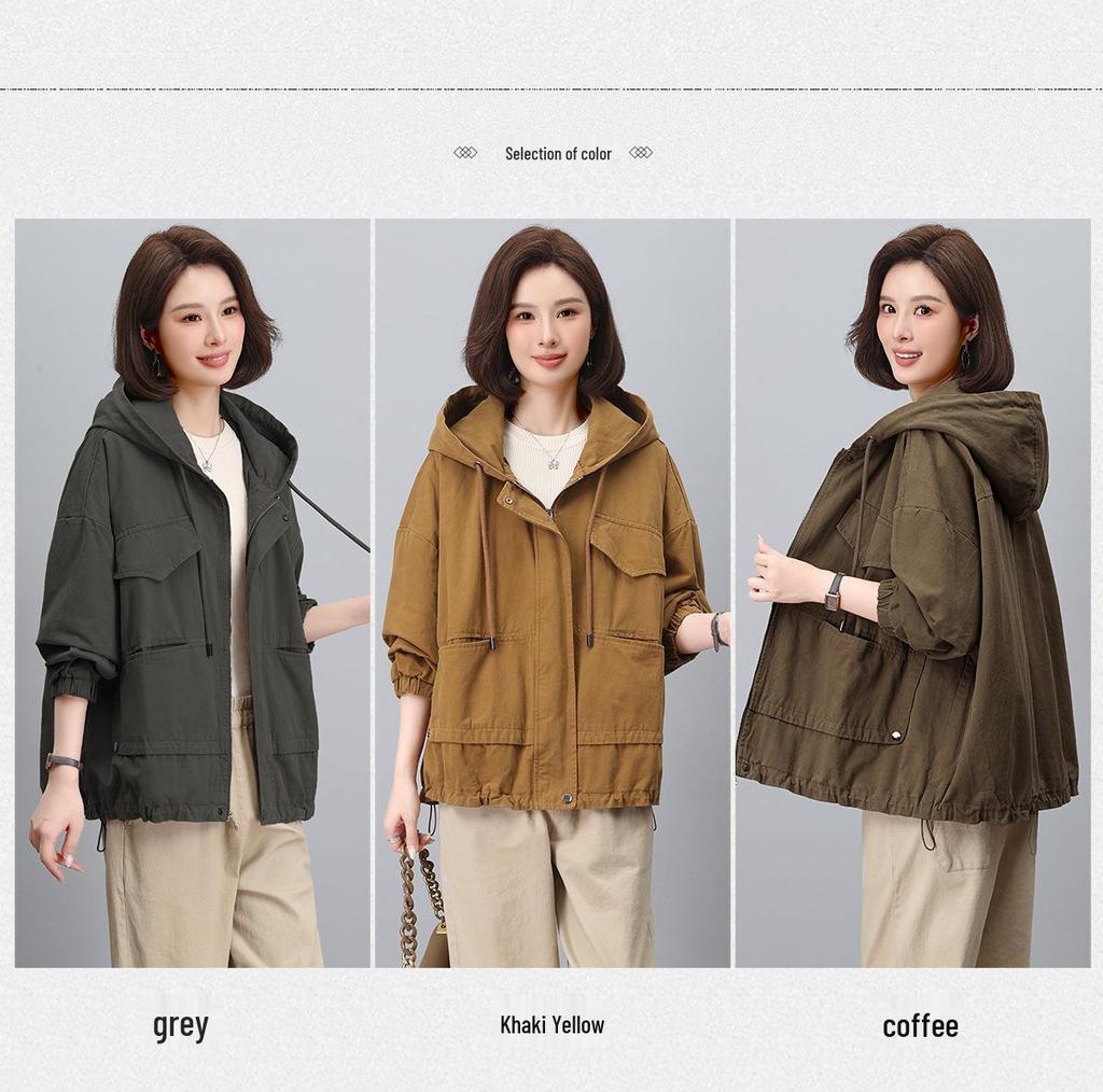 2024 Plus Size Hooded Trench Coat for Women - Loose Fit Spring & Autumn Workwear Jacket