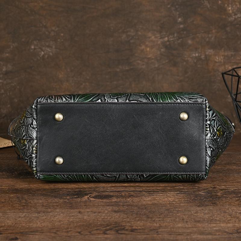 Johnature Genuine Leather Embossed Handbag Handmade Women's Bag Large Capacity Shoulder Crossbody Bag