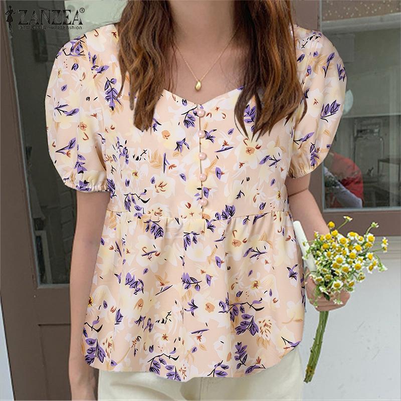 

ZANZEA Летние женские топы с баской и пышными рукавами с цветочным принтом и квадратным воротником