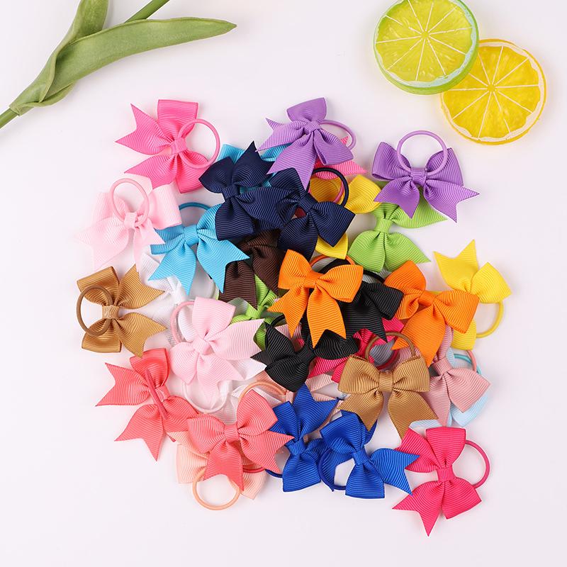 10Pcs  Color Grosgrain Ribbon Bows Elastic Hairties Hair Bands Girls Spring Head Rope Hair Accessories