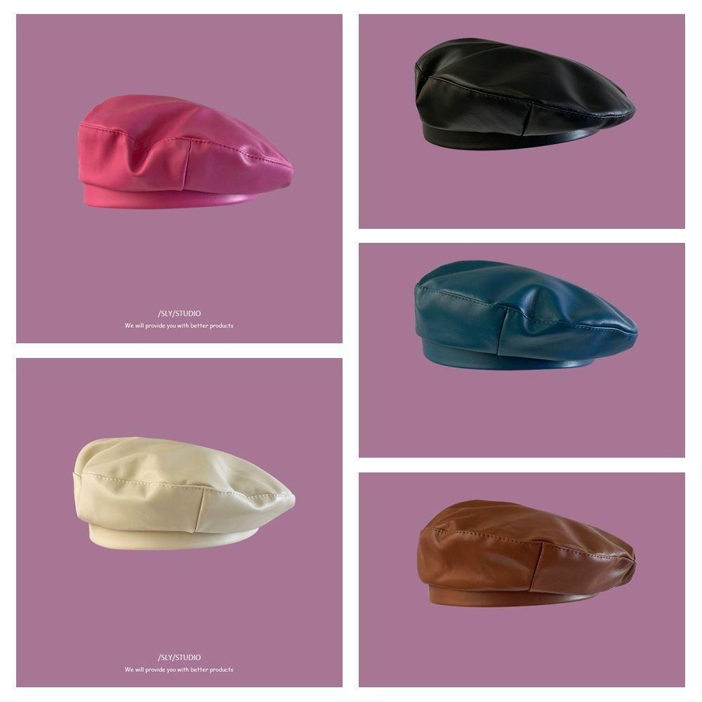 Casual Solid Color PU Beret Y2K Retro Painter Hat British Style Korean Artist Hat Outdoor