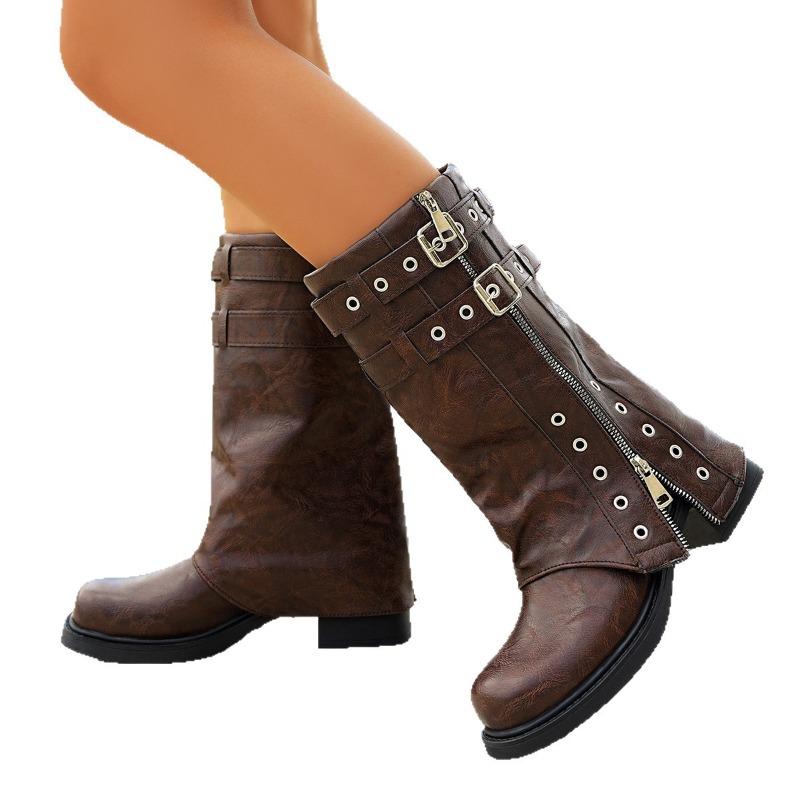 Women's Wide Width Square Toe Mid-Calf Boots - Chunky Heel Motorcycle Boots with Buckle Straps, Riding Style Slouch Boots for Fall/Winter